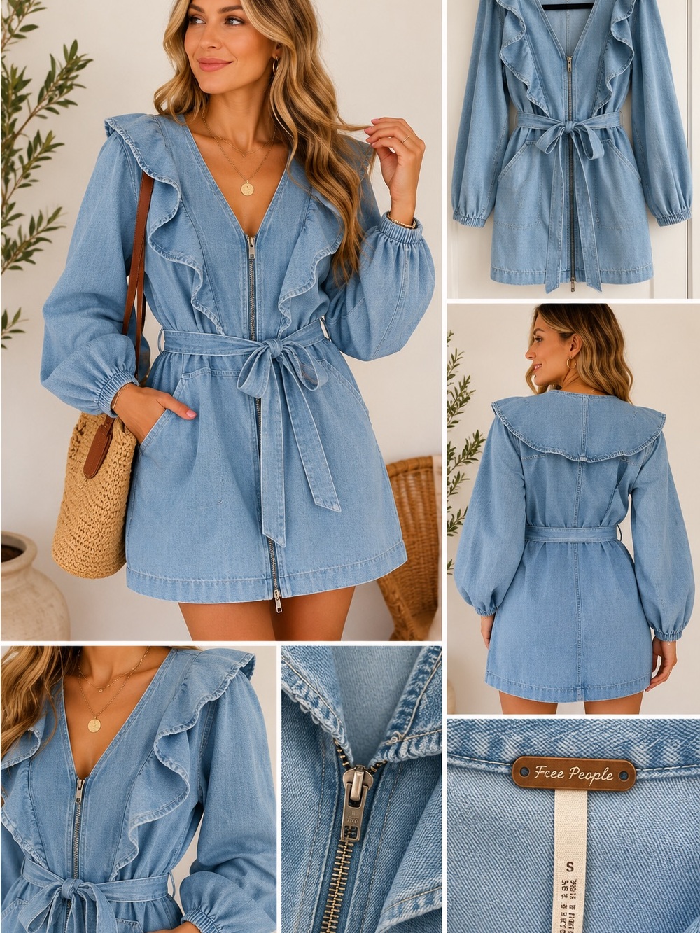 Free People Light Blue Denim Ruffle Zip Dress